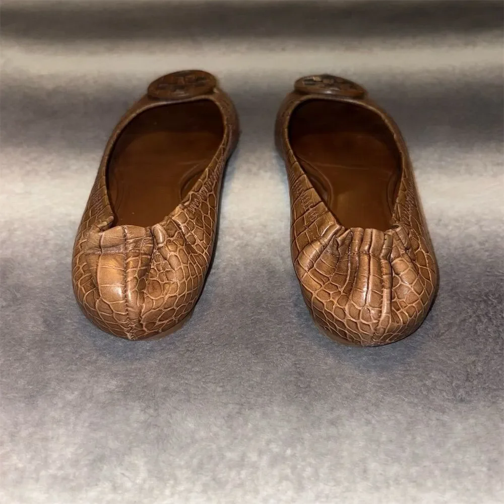 Tory Burch Reva Women's Brown Croc Embossed Ballet Flats Size 7.5 - Picture 4 of 9
